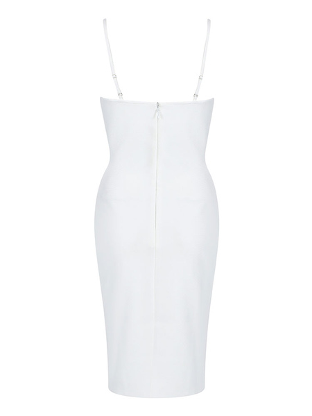 Party Dresses White Straps Neck Metal Details Sleeveless Layered Semi Formal Dress