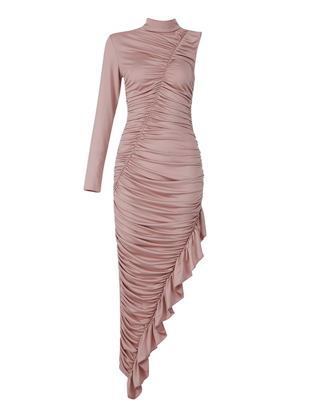 Party Dresses Lotus Pink Jewel Neck Zipper Long Sleeves Asymmetrical Semi Formal Dress