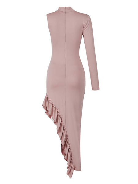 Party Dresses Lotus Pink Jewel Neck Zipper Long Sleeves Asymmetrical Semi Formal Dress