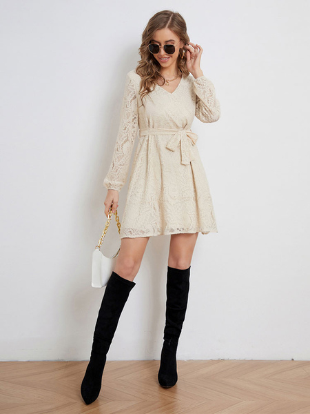 Lace Up V-Neck Long Sleeves Lace Dresses