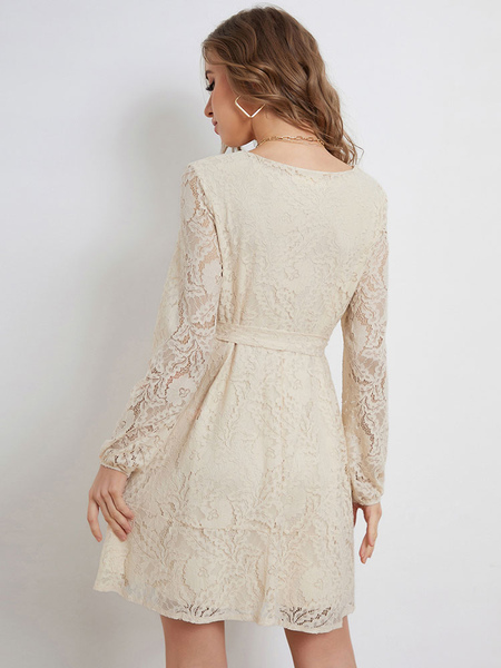 Lace Up V-Neck Long Sleeves Lace Dresses