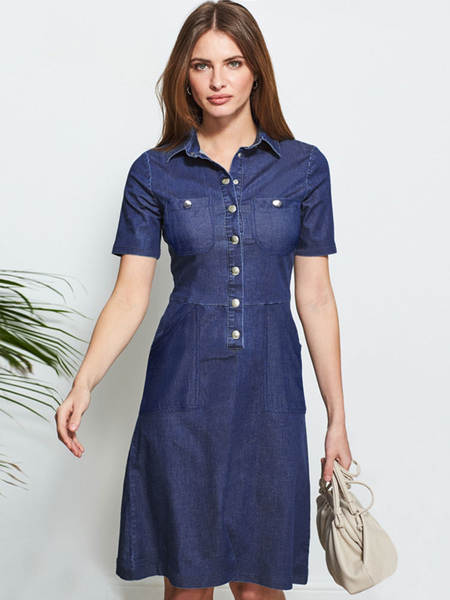 Buttons Polyester Casual Short Sleeves Midi Dress