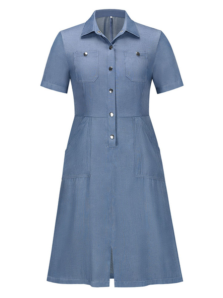 Buttons Polyester Casual Short Sleeves Midi Dress