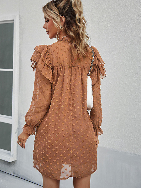 Shift Dresses Long Sleeves Casual Jewel Neck Coffee Brown Tunic Dress