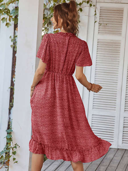 V-Neck Maxi Dress Short Sleeves Polyester Printed Floor Length Dress