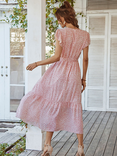 Maxi Dress V-Neck Short Sleeves Polyester Printed Floor Length Dress