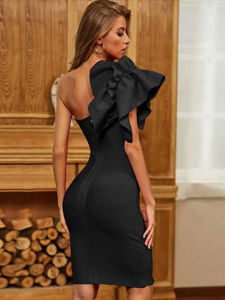 Party Dresses Black One-Shoulder Sleeveless Asymmetrical Semi Formal Dress