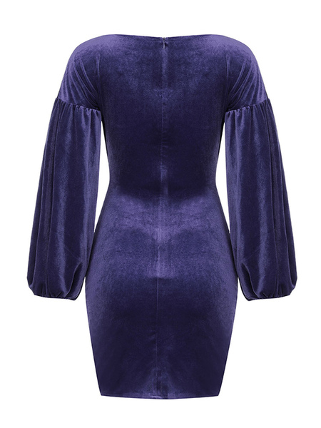 Party Dresses Purple V-Neck Pleated Long Sleeves Asymmetrical Semi Formal Dress