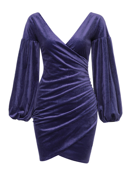 Party Dresses Purple V-Neck Pleated Long Sleeves Asymmetrical Semi Formal Dress