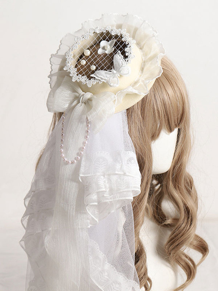 Image of Farfalla Lolita Hat Accessory Polyester Ecru Bianco Lolita Accessori