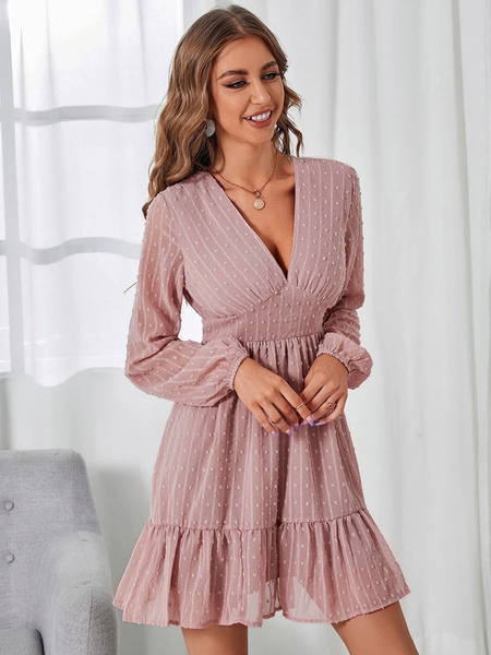 Mini Dresses Pink Long Sleeves Polyester Short Dress