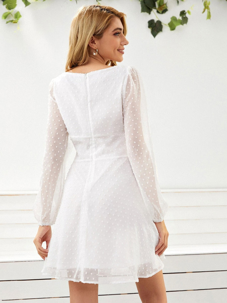 Mini Dresses White Long Sleeves Polyester Short Dress