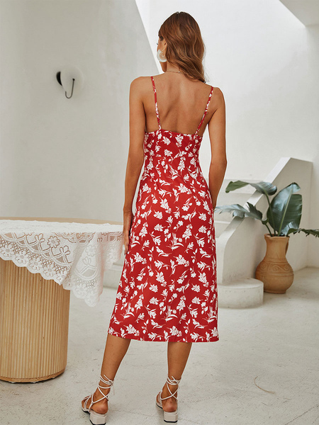 Floral Print Polyester Casual Straps Neck Sleeveless Midi Dress
