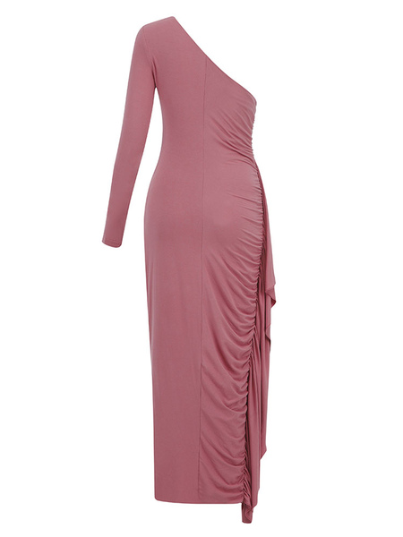 Party Dresses Lotus Pink One-Shoulder Ruffles Long Sleeves Backless Semi Formal Dress
