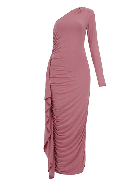 Party Dresses Lotus Pink One-Shoulder Ruffles Long Sleeves Backless Semi Formal Dress