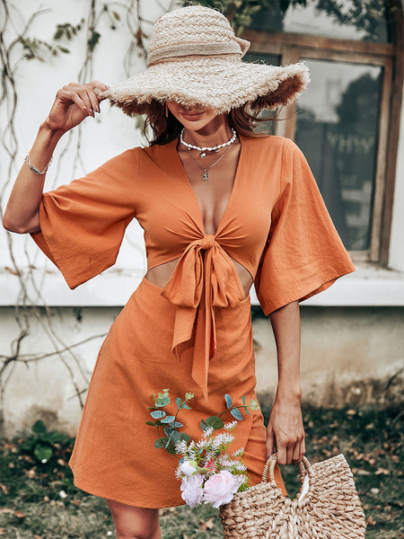 Summer Dress Orange V-Neck Polyester Beach Dress