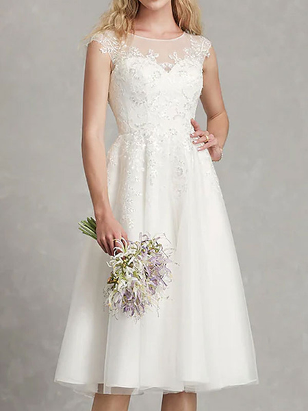 milanoo.com Short Wedding Dress A-Line Jewel Neck Sleeveless Applique Bridal Dresses
