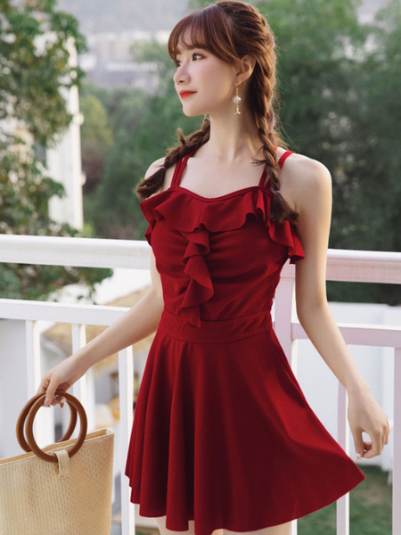 Image of Costume da bagno rosso Lolita Outfits Ruffles senza maniche
