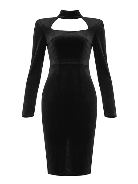 Party Dresses Black Square Neck Zipper Long Sleeves Low-slit Semi Formal Dress