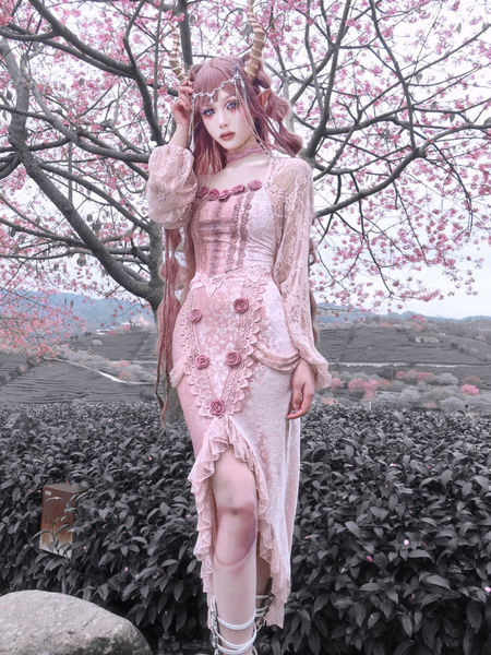 Image of Gothic Lolita Blouses Lace Rose Lolita Top Maniche lunghe Maniche lunghe Top Pink Lolita Camicia Lolita