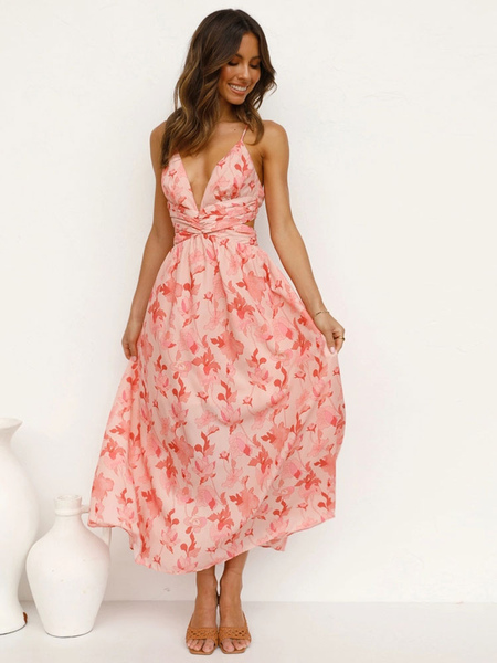 Summer Dress V-Neck Printed Pink Long Beach Dress