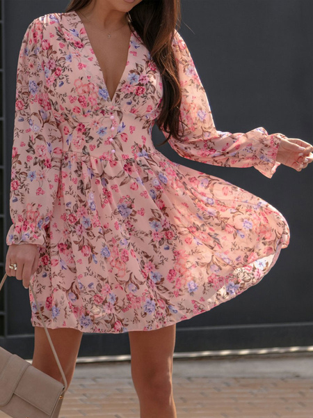 Mini Dresses Pink Floral Print Long Sleeves Polyester Short Dress