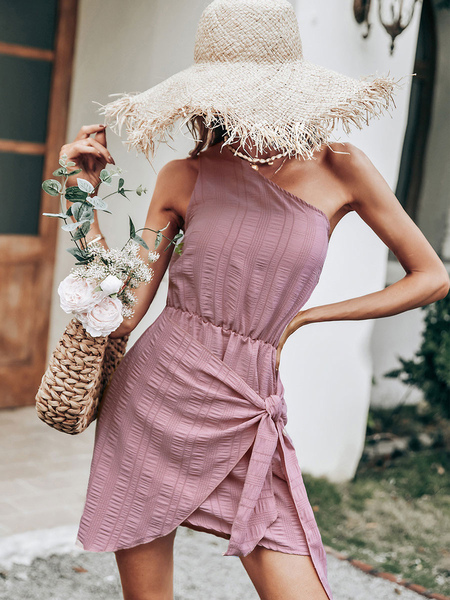 Summer Dress Off-The-Shoulder Asymmetrical Pink Short Beach Dress