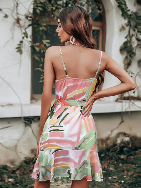 Summer Dress Pink Straps Neck Floral Print Polyester Beach Dress