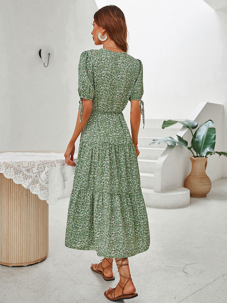 Maxi Dress V-Neck Short Sleeves Polyester Floral Print Floor Length Dress