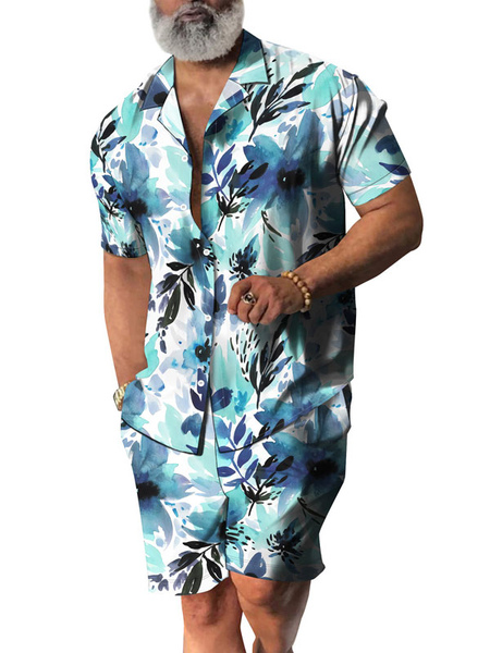 chemise hawaïenne pour homme homme 2 pièces imprimé manches courtes col rabattu bleu ciel clair