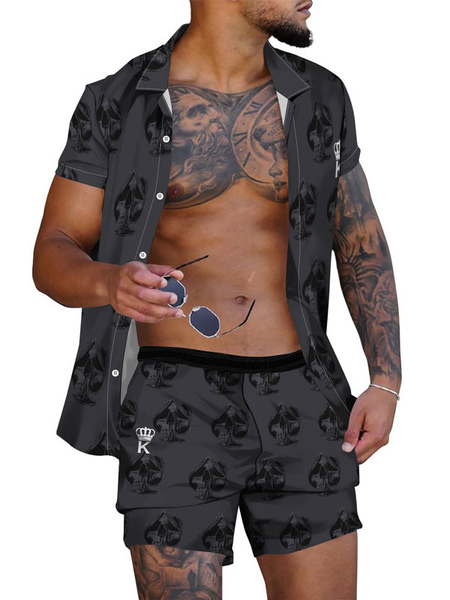 chemise hawaïenne pour homme homme 2 pièces imprimé manches courtes col rabattu noir