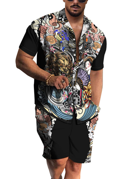 chemise hawaïenne pour homme homme 2 pièces imprimé manches courtes col rabattu violet