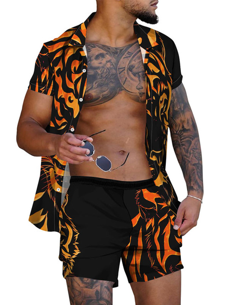 chemise hawaïenne pour homme homme 2 pièces imprimé manches courtes col rabattu orange