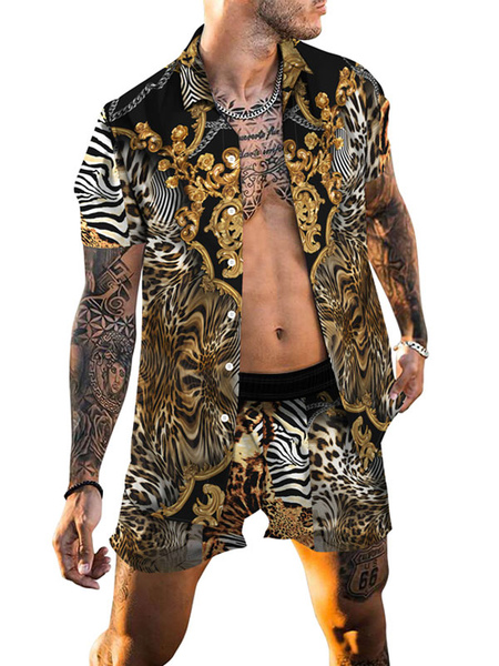 chemise hawaïenne pour homme homme 2 pièces imprimé léopard manches courtes col rabattu jaune