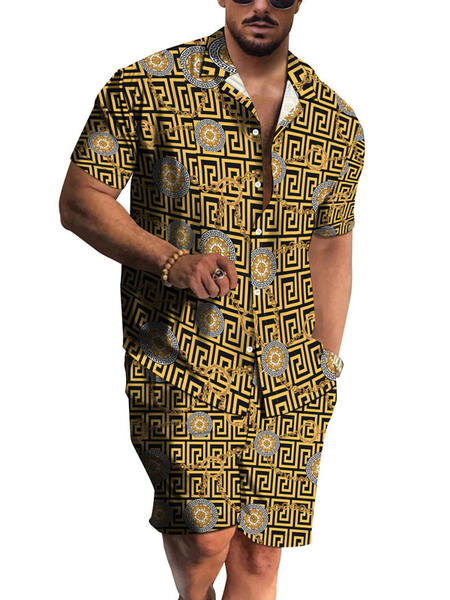 chemise hawaïenne pour homme homme 2 pièces imprimé manches courtes col rabattu or clair