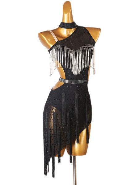 Image of Costume latino Dance Black Women Donne Strass Fringe Backless BodyCon Sexy Polyester Dress Dancing Costume