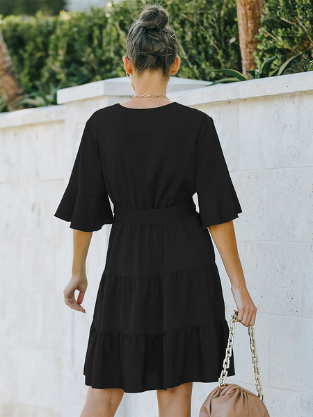 Skater Dresses Polyester V-Neck Black Casual Short Sleeves Fit And Flare Dress