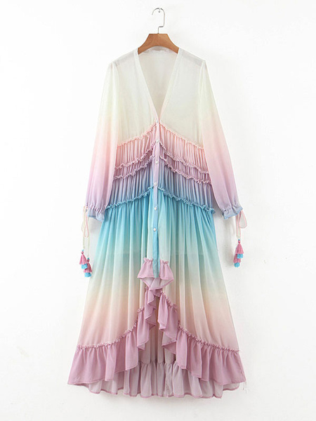 V-Neck Maxi Dress Long Sleeves Polyester Printed Floor Length Dress