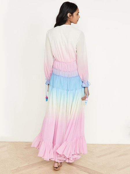 V-Neck Maxi Dress Long Sleeves Polyester Printed Floor Length Dress
