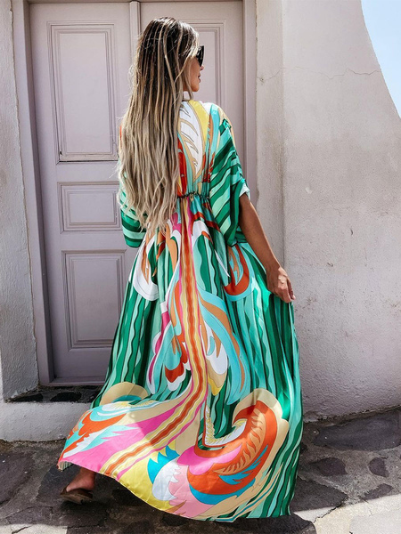 Long Dress V-Neck Batwing Bohemian Printed Beach Cover-Up For Women