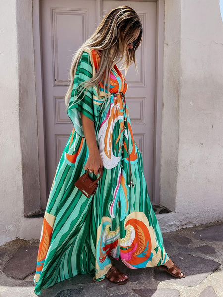 Long Dress V-Neck Batwing Bohemian Printed Beach Cover-Up For Women