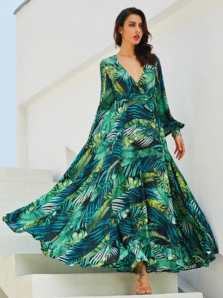 Maxi Dress V-Neck Long Sleeves Polyester Printed Long Dress