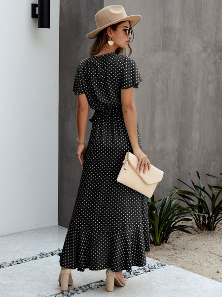 V-Neck Maxi Dress Short Sleeves Polyester Printed Long Dress