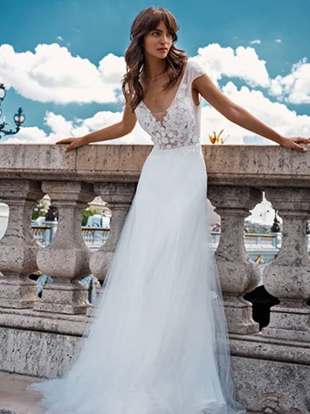 milanoo.com Simple Wedding Dress A-Line V-Neck Short Sleeves Lace Bridal Dresses
