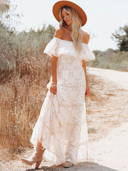 Boho Maxi Dress Off Shoulder White Flower A-line Layered Hem Long Dress For Women