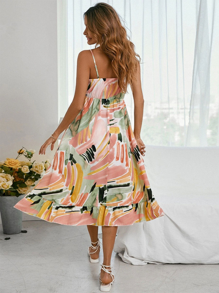Summer Dress V-Neck Floral Print Pink Medium Beach Dress