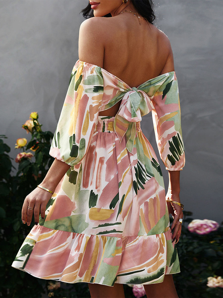 Summer Dress Bateau Neck Printed Pink Knee Length Beach Dress