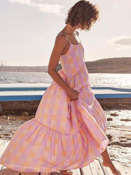 Square Neck Maxi Dress Sleeveless Polyester Casual Geometric Floor Length Dress