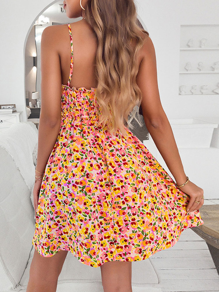 Summer Dress Pink Straps Neck Printed Polyester Beach Dress