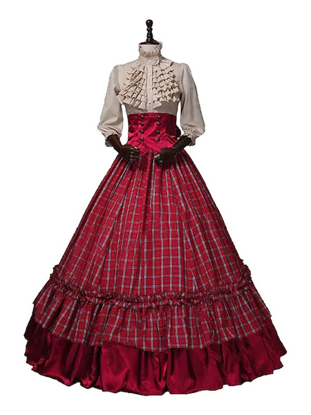 Image of Costumi retrò bordeaux Ruffles Top scozzese in poliestere Costume Marie Antoinette Set da donna in stile europeo Costume del XVIII secolo